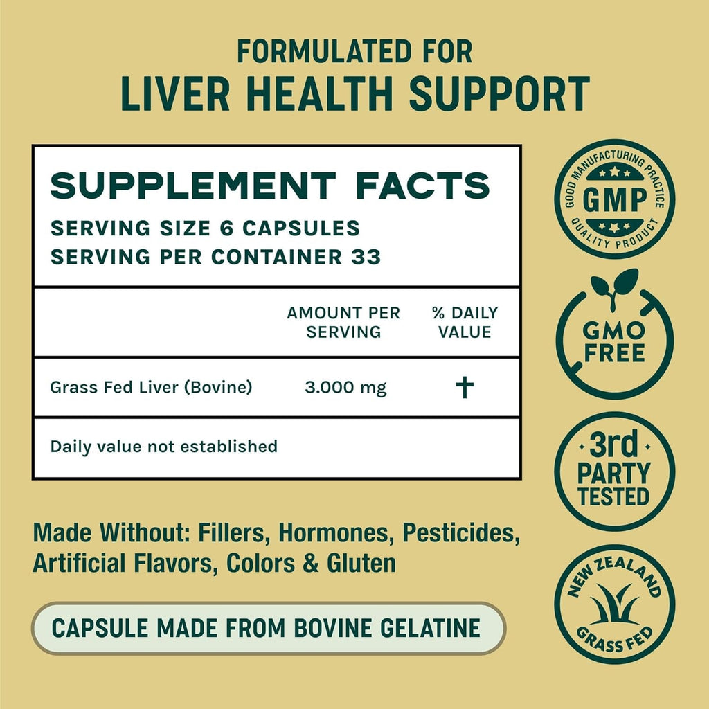 One Earth Health Grass Fed Beef Liver Capsules for Women & Men – Desiccated New Zealand Liver Supplement | Heme Iron, B12 & Folate | Grass-Fed & Finished | 3,000Mg, 200 Capsules