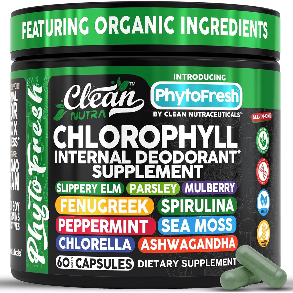 Clean Nutra Chlorophyll Capsules Supplement Internal Deodorant Peppermint, Sea Moss, Parsley, Chlorella, Spirulina, Slippery Elm, Ashwagandha, Phytofresh Greens Detox Pills
