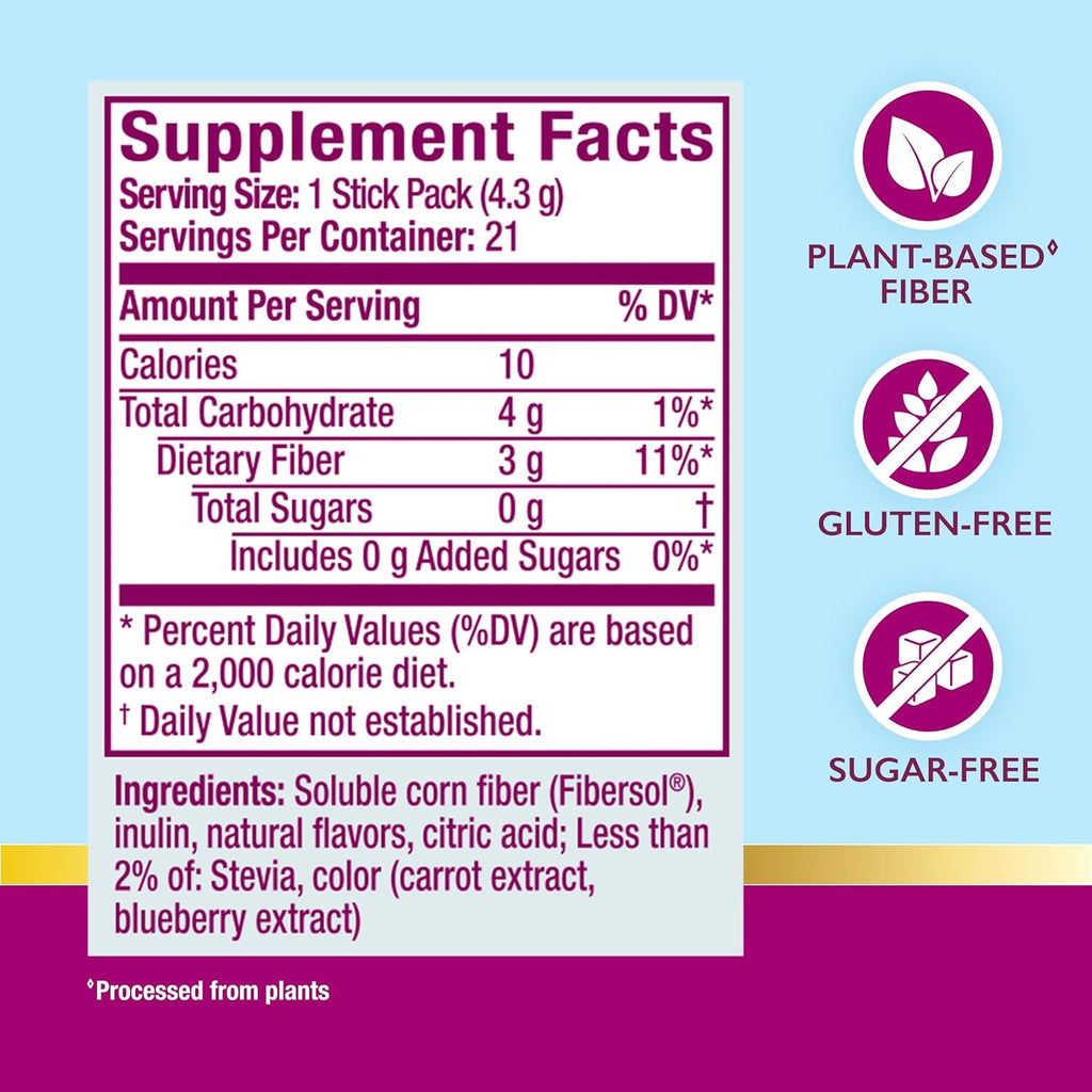 Metamucil Fiber Supplement, Clear Mixing Fiber Powder Stick Packs, Mixed Berry Flavor, on the Go, Plant Based Prebiotic Fiber Supplement Blend for Daily Digestive Health, 21 Stick Packs