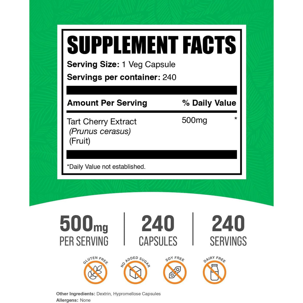 Bulksupplements.Com Tart Cherry Extract Capsules- Tart Cherry Supplement, Tart Cherry Capsules 500Mg - Antioxidant Source, Gluten Free, 1 Capsule per Serving, 240 Veg Capsules (Pack of 1)