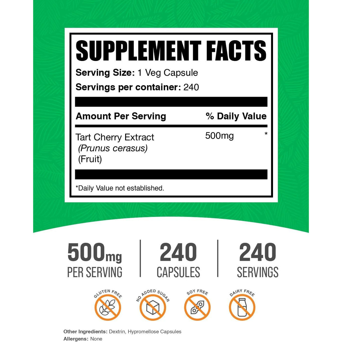 Bulksupplements.Com Tart Cherry Extract Capsules- Tart Cherry Supplement, Tart Cherry Capsules 500Mg - Antioxidant Source, Gluten Free, 1 Capsule per Serving, 240 Veg Capsules (Pack of 1)