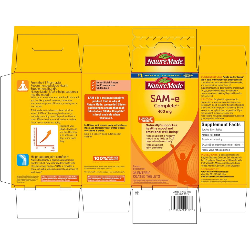 Nature Made Sam-E Complete 400 Mg, Sam-E Supplement for Mood Support, Dietary Supplement, 36 Tablets, 36 Day Supply