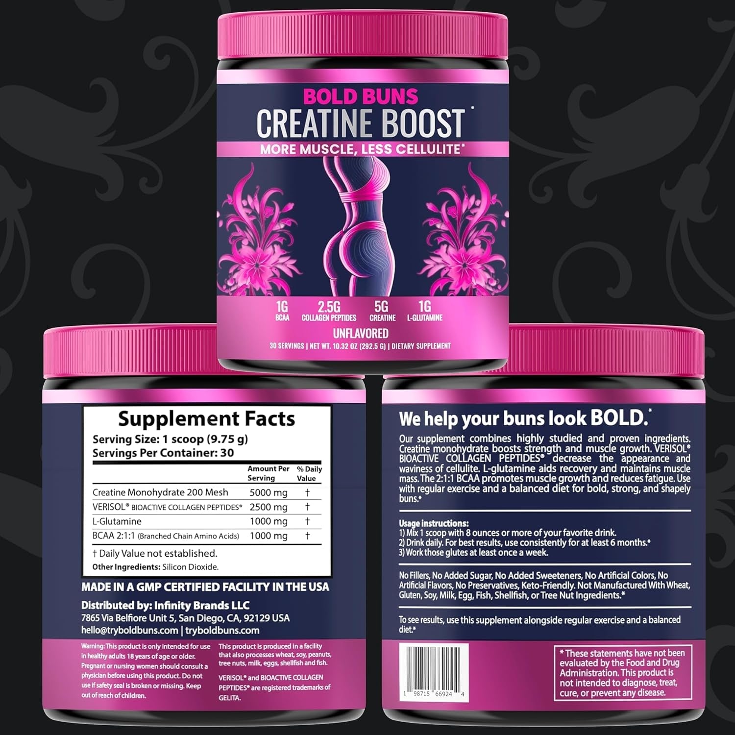 Bold Buns Creatine for Women – Supplement with Collagen & BCAA – Supports Muscle Development, Post-Workout Recovery, Skin Elasticity, Healthy Hair & Nail (30 Servings, Unflavored)