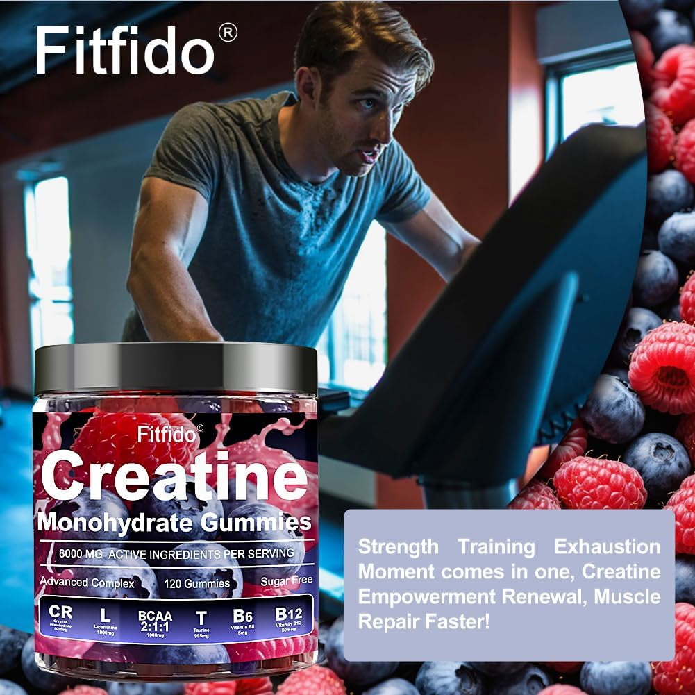 Creatine Monohydrate Gummies Complex 5000Mg for Men and Women, Containing L-Carnitine & Taurine, Build Muscle, Boost Energy, Faster Recovery, Sugar Free & Vegan, Raspberry & Blackberry, 120 Count