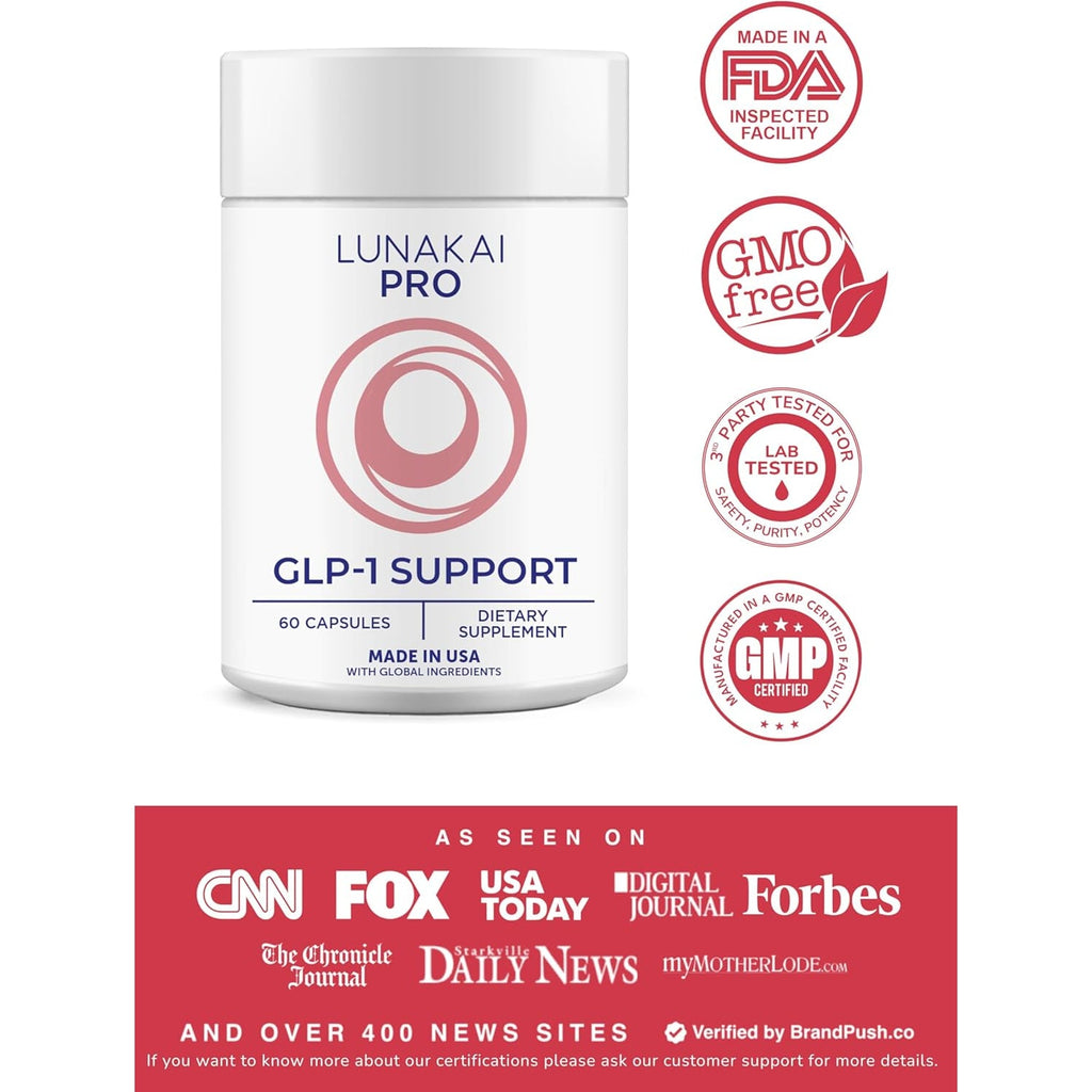 Lunakai USA Made GLP-1 Supplement - Natural GLP 1 Support with Probiotics & Resveratrol – Supports Weight Management, Cravings & Metabolism, 60Ct
