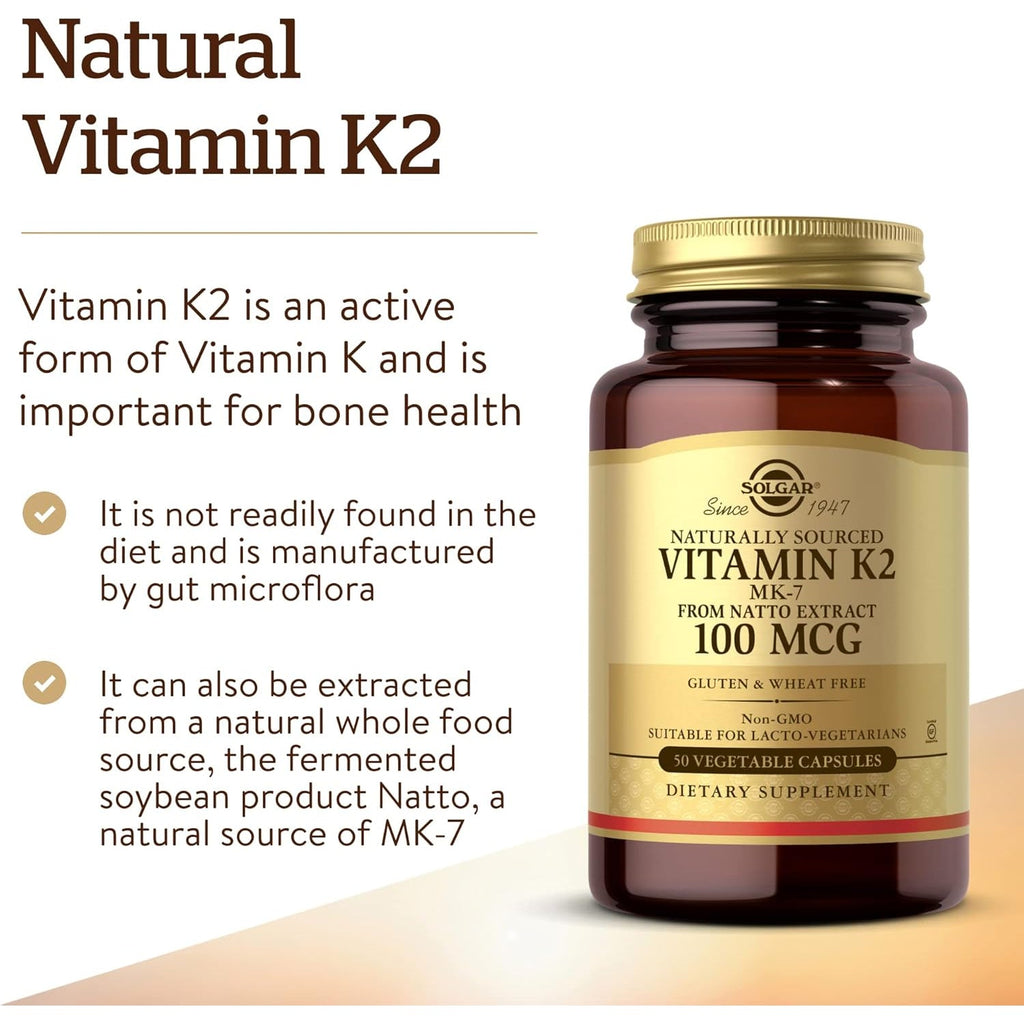 Solgar Naturally Sourced Vitamin K2 (MK-7) 100 Mcg - 50 Vegetable Capsules - Supports Bone Health - Whole Food Source from Natto Extract - Non-Gmo, Gluten Free - 50 Total Servings