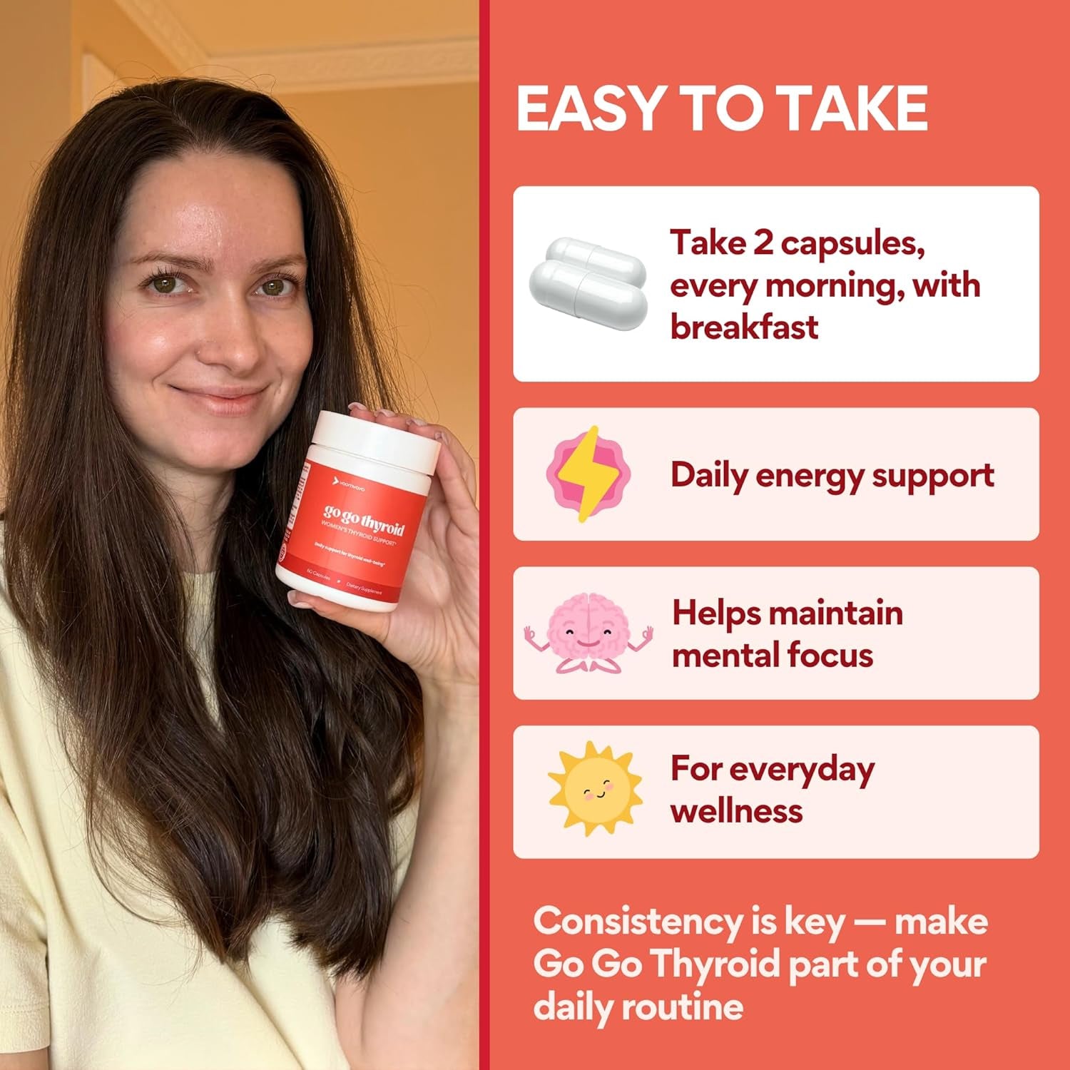 Voomvaya Go Go Thyroid - Thyroid Support for Women 30+ - Female-Focused Hormonal Balance & Thyroid Supplement with Iodine, Selenium & L Tyrosine - 3Rd Party Tested - 60 Capsules