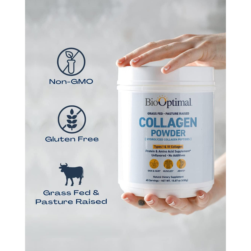 Biooptimal Collagen Peptides Powder - Grass-Fed, Pasture-Raised Hydrolyzed Protein Supplement for Skin, Hair, & Nails - Non-Gmo, Zero Sugar Daily Supplement for Men & Women (45 Servings)
