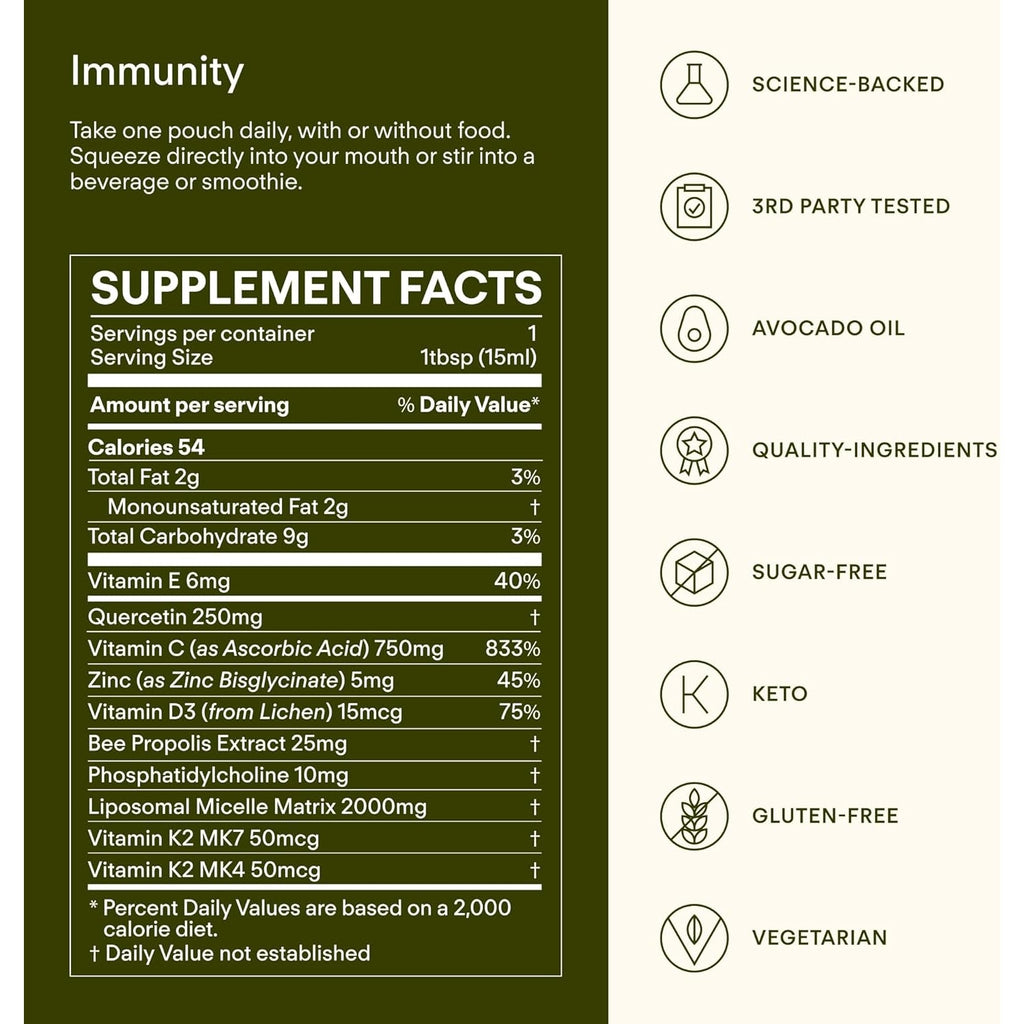 Immunity - 6-In-1 Liposomal Vitamin C Packets, Zinc, D3 + K2, Quercetin, Bee Propolis & Avocado Oil - Antioxidant Liquid Supplement for Immunity, Skin & Bone* - 30 Pouches