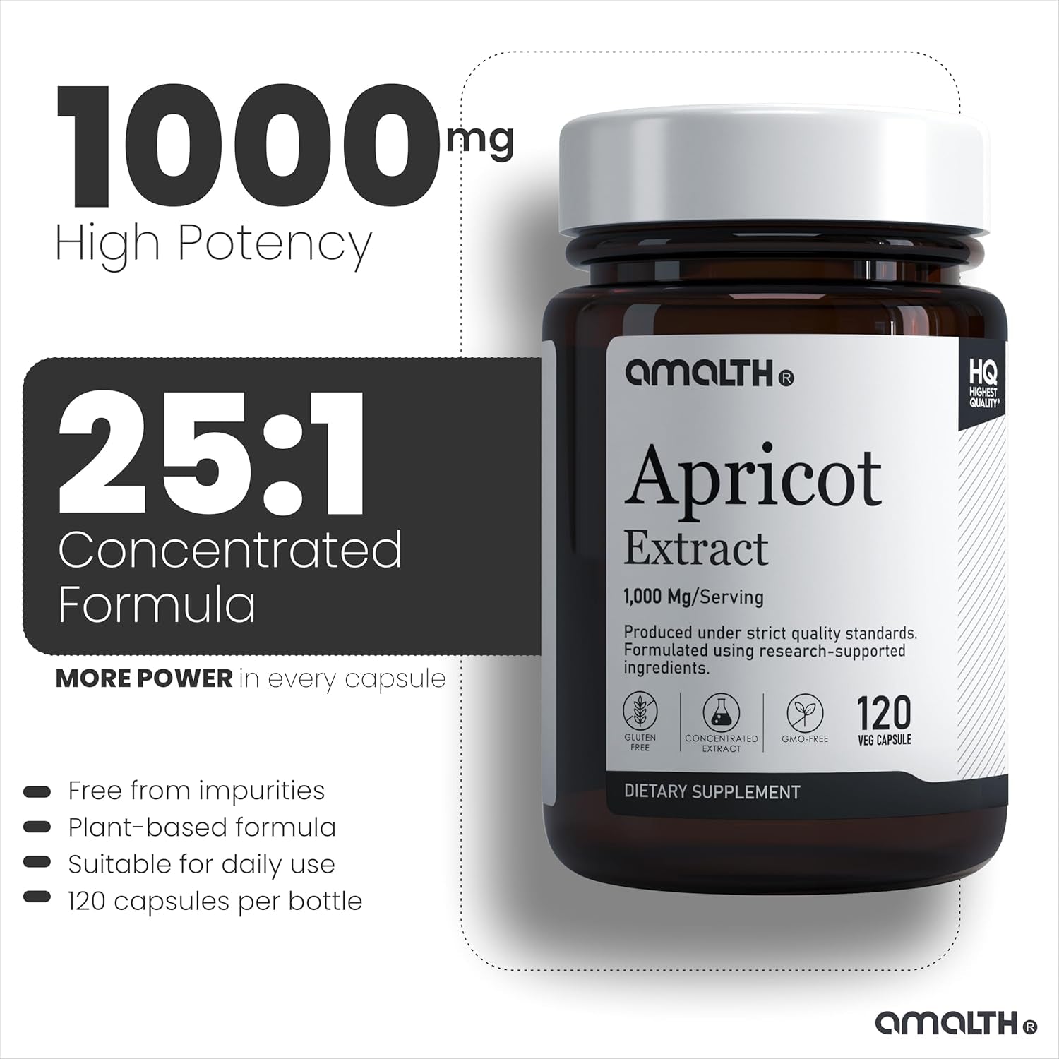 AMALTH Apricot Extract Supplement Capsules (25:1) 120 Capsules 500Mg per Capsule, 1000 Mg Servings (Pack of 1) (Herbal, Vegan, Non-Gmo and Gluten Free)