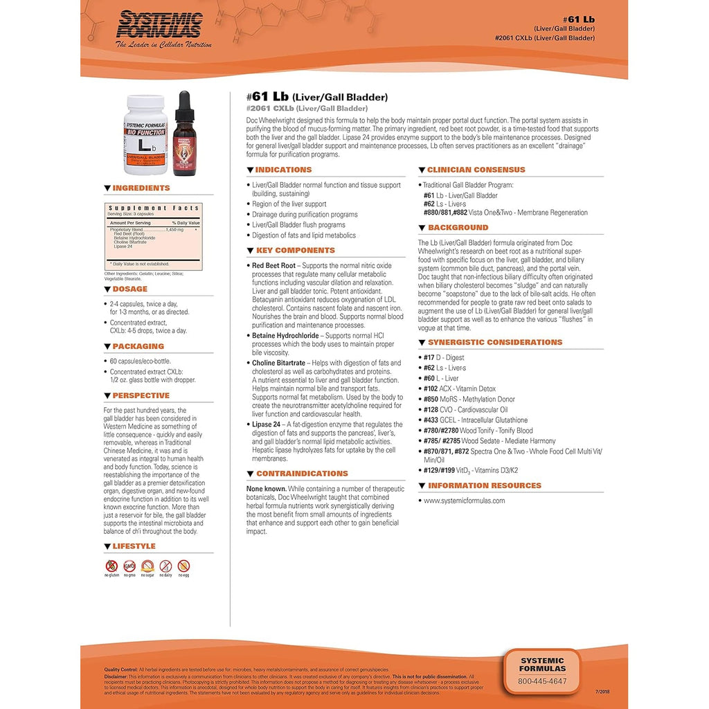 Systemic Formulas Lb – Liver/Gall Bladder 60 Capsules Bio Function #61. Liver + Gall Bladder Support, Portal Duct Function Supplement. Contains Red Beet Root Powder.