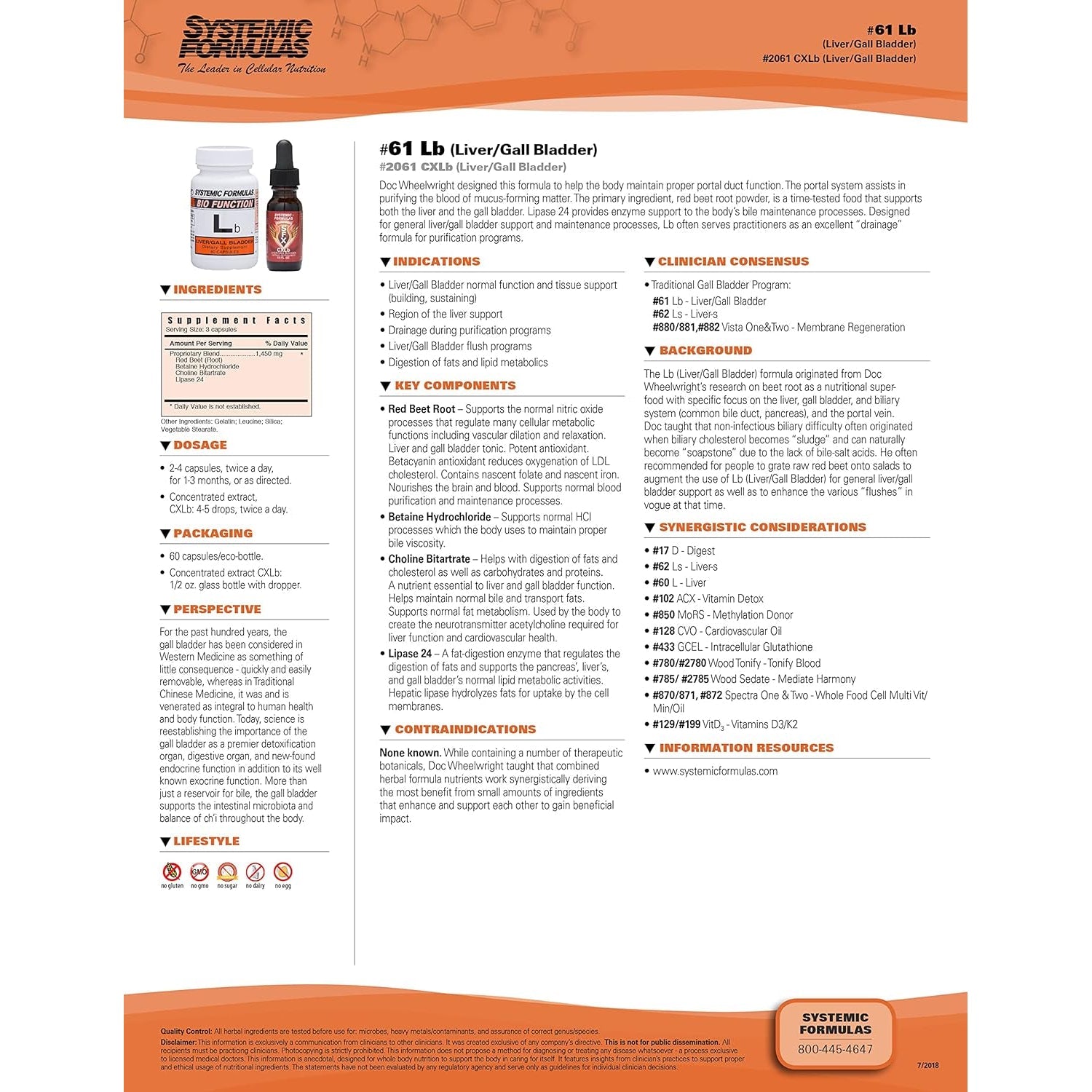Systemic Formulas Lb – Liver/Gall Bladder 60 Capsules Bio Function #61. Liver + Gall Bladder Support, Portal Duct Function Supplement. Contains Red Beet Root Powder.