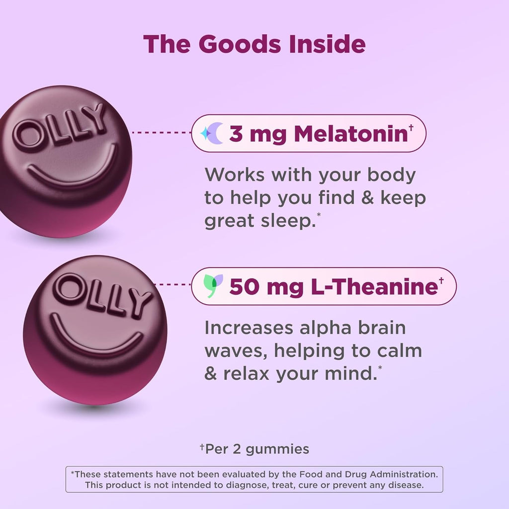 OLLY Sleep Gummy, Sleep Support Supplement,* 3 Mg Melatonin, L-Theanine, Chamomile and Lemon Balm Extracts, Blackberry Zen Flavor, 35 Day Supply - 70 Count