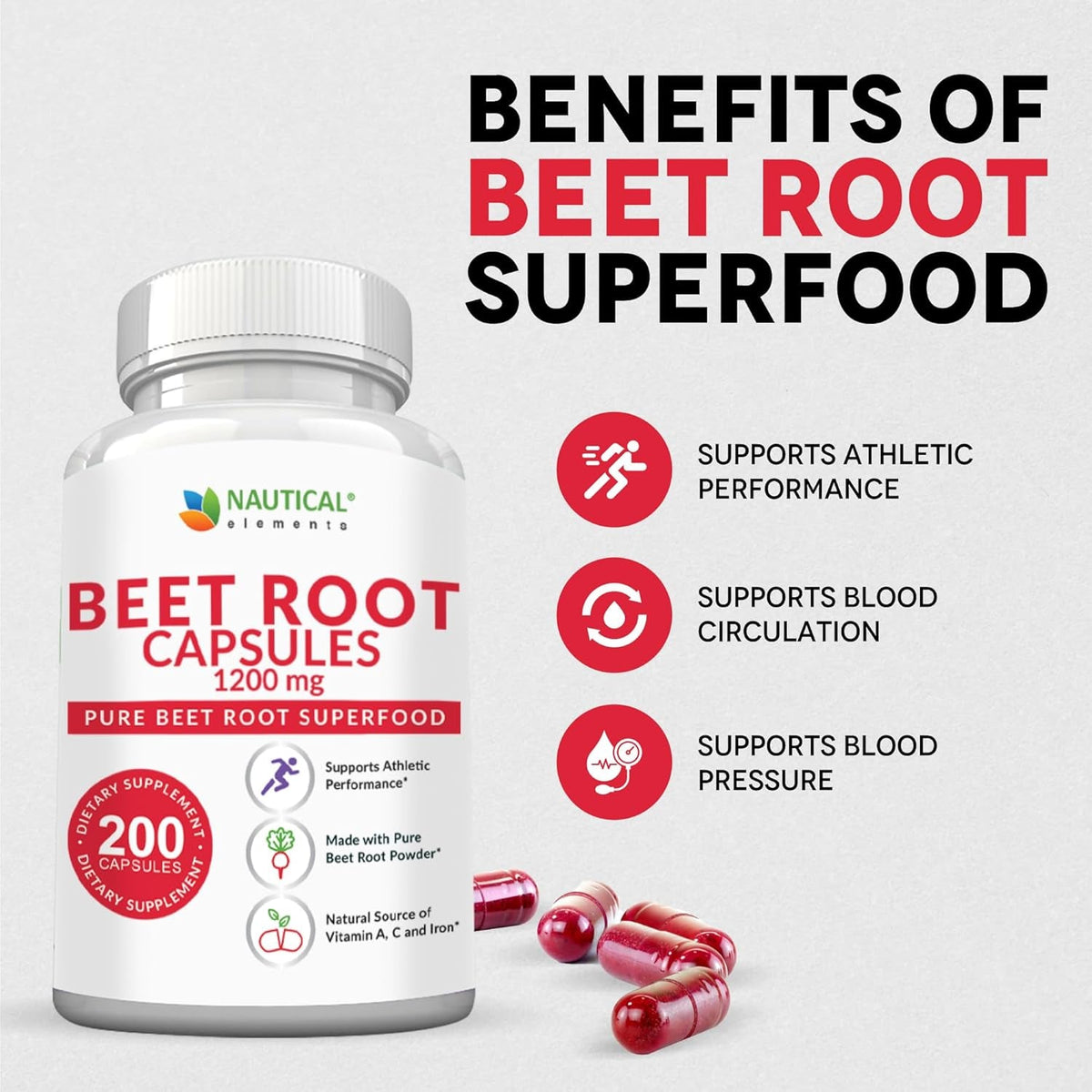 Beet Root Capsules - 1200Mg per Serving - 200 Beet Root Powder Capsules - Beetroot Powder Supports Blood Pressure, Athletic Performance, Digestive, Immune System (Pure, Non-Gmo & Gluten Free