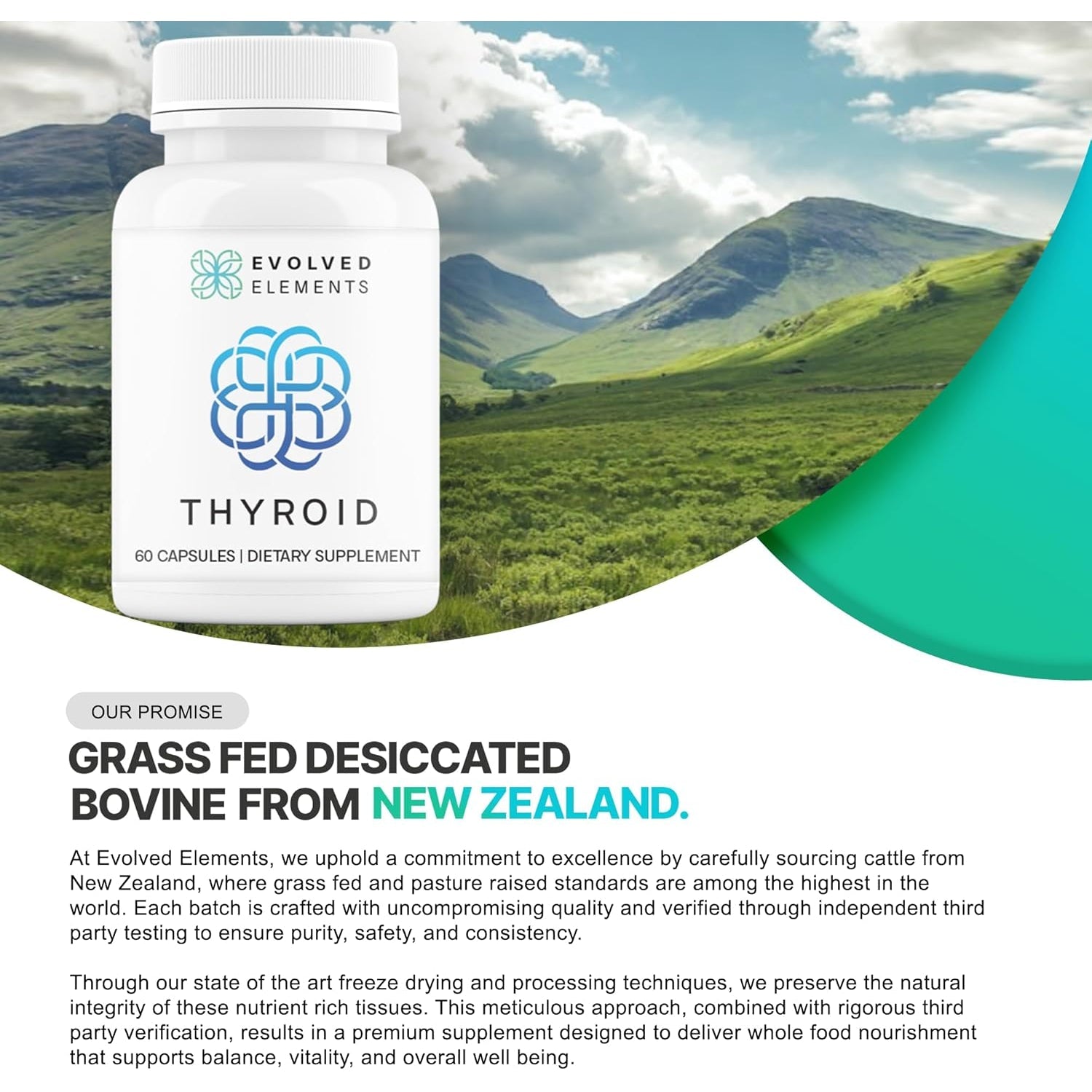 Thyroid – Raw Grass-Fed Desiccated – New Zealand Sourced - Energy & Metabolism Support – Non-Gmo, 60 Capsules
