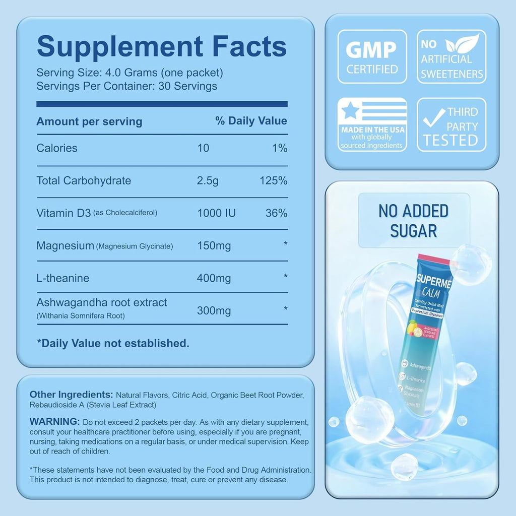 Cortisol Support Powdered Drink Mix – Cortisol Supplements for Women & Men, 150Mg Magnesium Glycinate, Ashwagandha, L-Theanine - Vegan, Non-Gmo, Sugar-Free, 30 Raspberry Lemonade Sticks