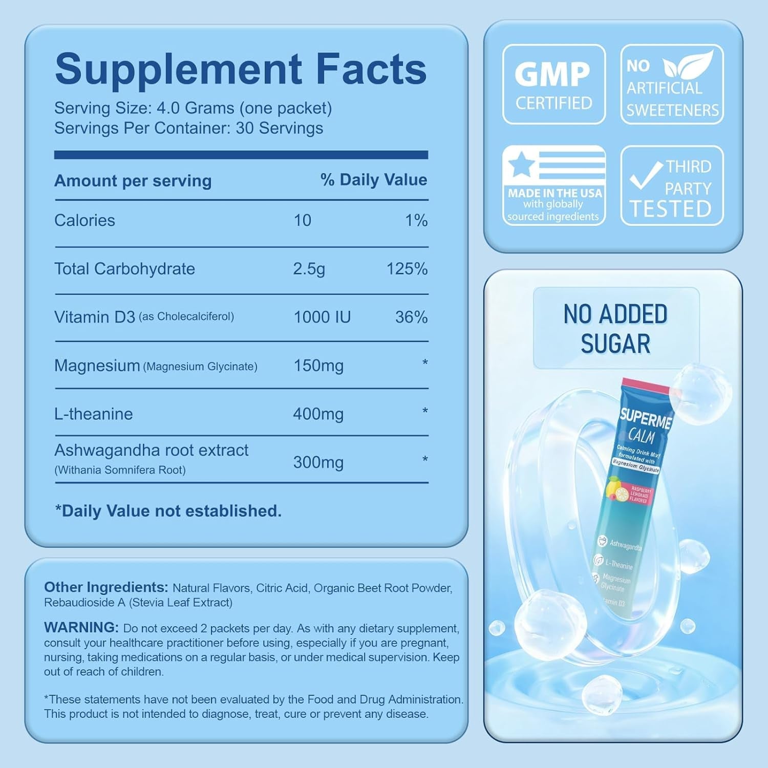 Cortisol Support Powdered Drink Mix – Cortisol Supplements for Women & Men, 150Mg Magnesium Glycinate, Ashwagandha, L-Theanine - Vegan, Non-Gmo, Sugar-Free, 30 Raspberry Lemonade Sticks