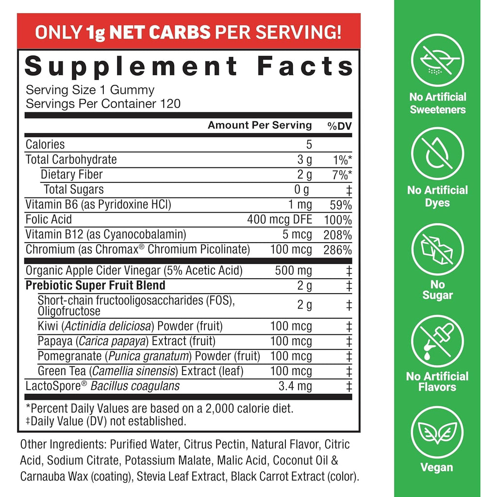 Force Factor Probioslim Keto ACV Metabolism Gummies, Organic Apple Cider Vinegar, Lactospore Probiotics & Prebiotics to Support Digestion, Lean Body Mass, & Immune Health, Apple Flavor, 1 Carb, 120Ct