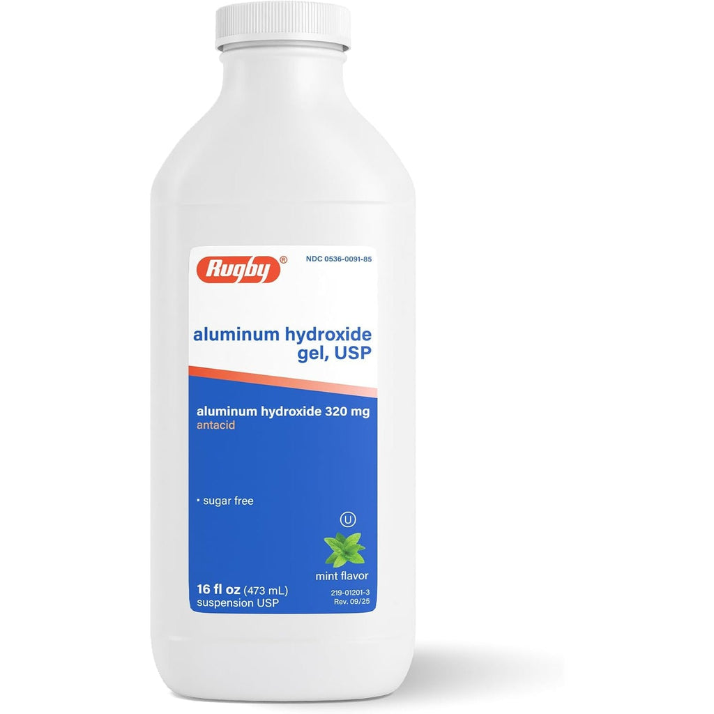 Rugby 320 Mg Aluminum Hydroxide Gel, USP - Antacid Liquid - Upset Stomach, Acid Indigestion, and Heartburn Relief - Sugar-Free - Mint Flavored - 16 Fl. Oz. (1 Pack)