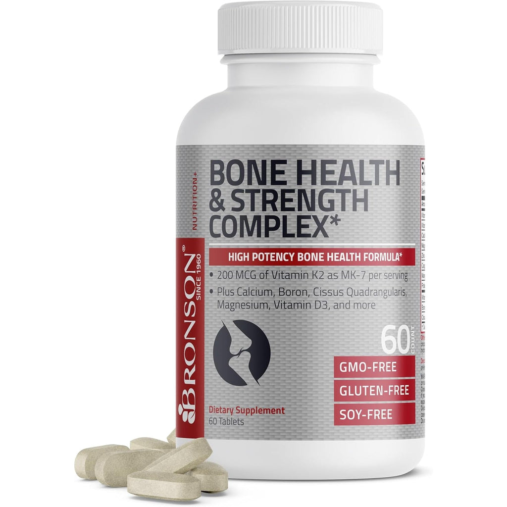 Bronson Bone Health & Strength Complex* High Potency Formula 200 MCG of Vitamin K2 as MK7, plus Calcium, Boron, Cissus Quadrangularis, Magnesium, Vitamin D3, and More - Non-Gmo, 60 Tablets