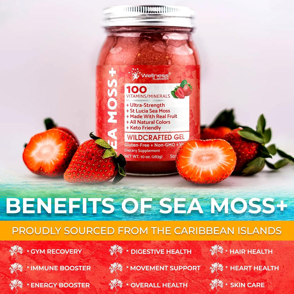 Sea Moss Gel - Wildcrafted Seamoss Gel Superfood - Strawberry Flavor Irish Sea Moss Vitamin and Mineral-Rich from Pristine Caribbean Waters, Immune and Digestive Health Support - 10 Oz.