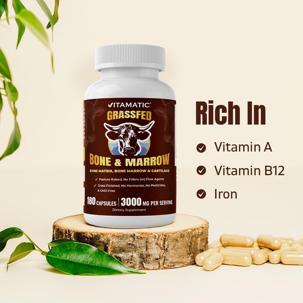 Vitamatic Grass-Fed Beef Bone & Marrow 180 Capsules – Freeze-Dried, Non-Gmo, Bovine Liver Supplement – Pasture-Raised, Glandular-Based Formula