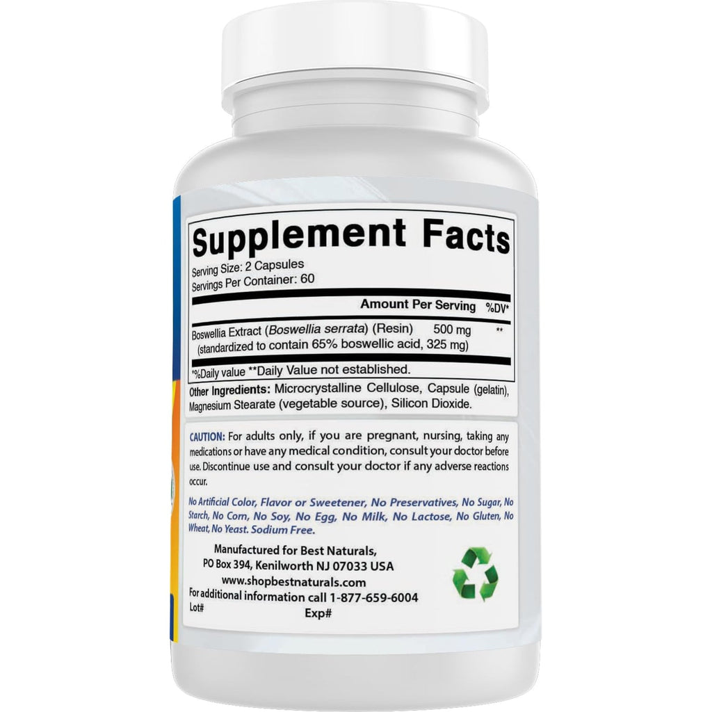 Best Naturals Boswellia Serrata Joint Health 250 Mg 120 Capsules - Standardized to 65% Boswellic Acid (120 Count (Pack of 1))
