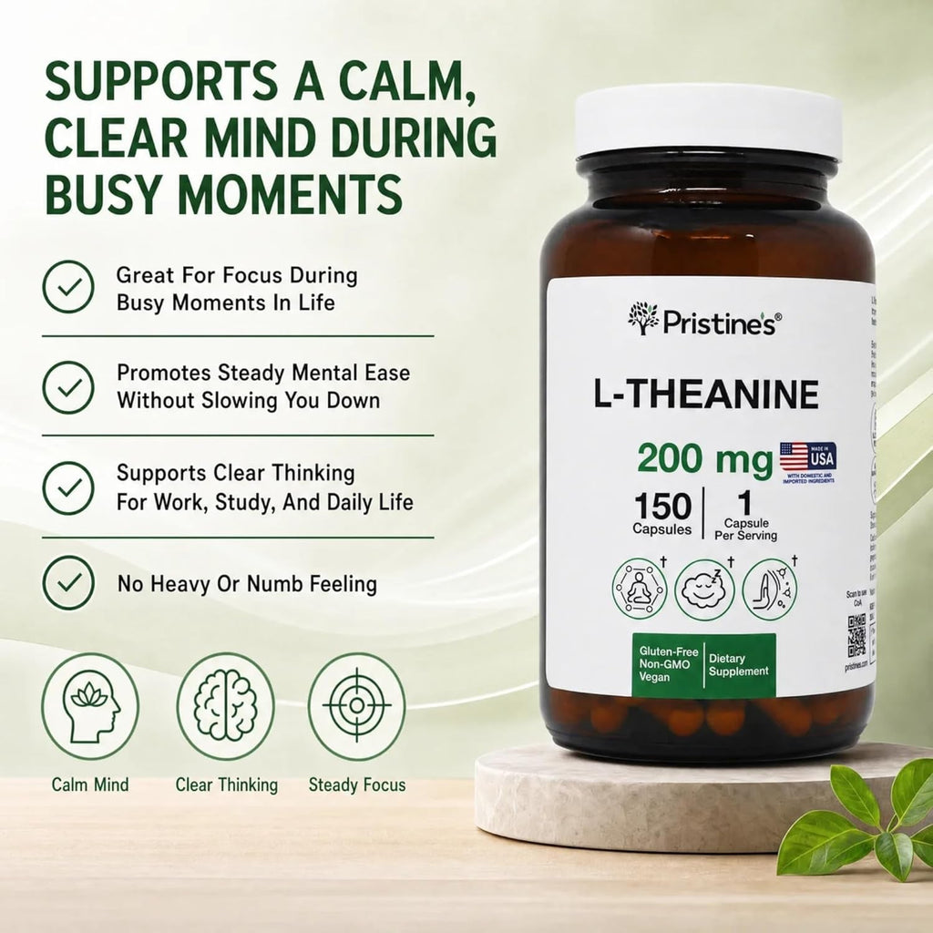 PRISTINE'S L Theanine 200Mg Supplement Capsules - 3Rd Party Tested Non GMO -150 Day Supply - Relaxation & Sleep Quality Support Capsules - Vegan, Cgmp Facility & Gluten Free Glass Bottles