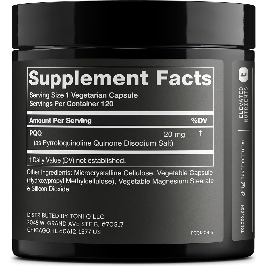 Toniiq 99%+ 20Mg Supplement - Ultra High Purity PQQ 20Mg Concentrated Formula - PQQ 20 Mg 120 Capsules - Pyrroloquinoline Quinone Supplement - 1 Capsule Serving - Vegetarian Capsules