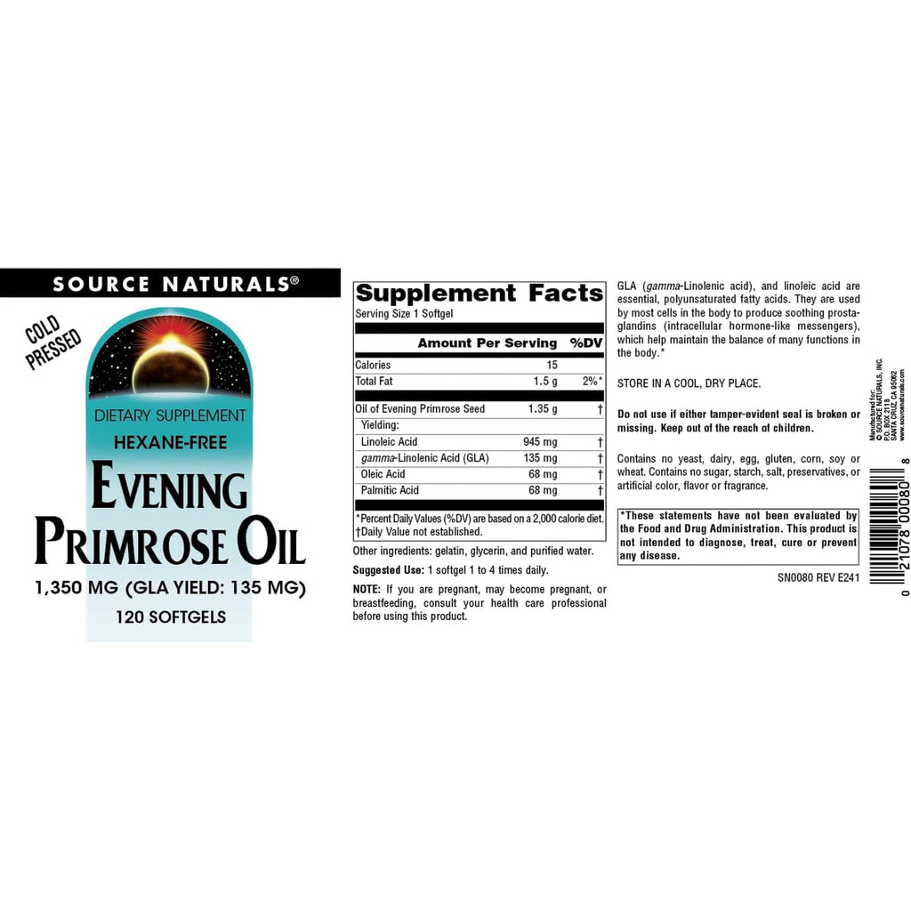 Source Naturals Evening Primrose Oil, Hexane Free, Cold-Pressed - 1350Mg, 120 Softgels