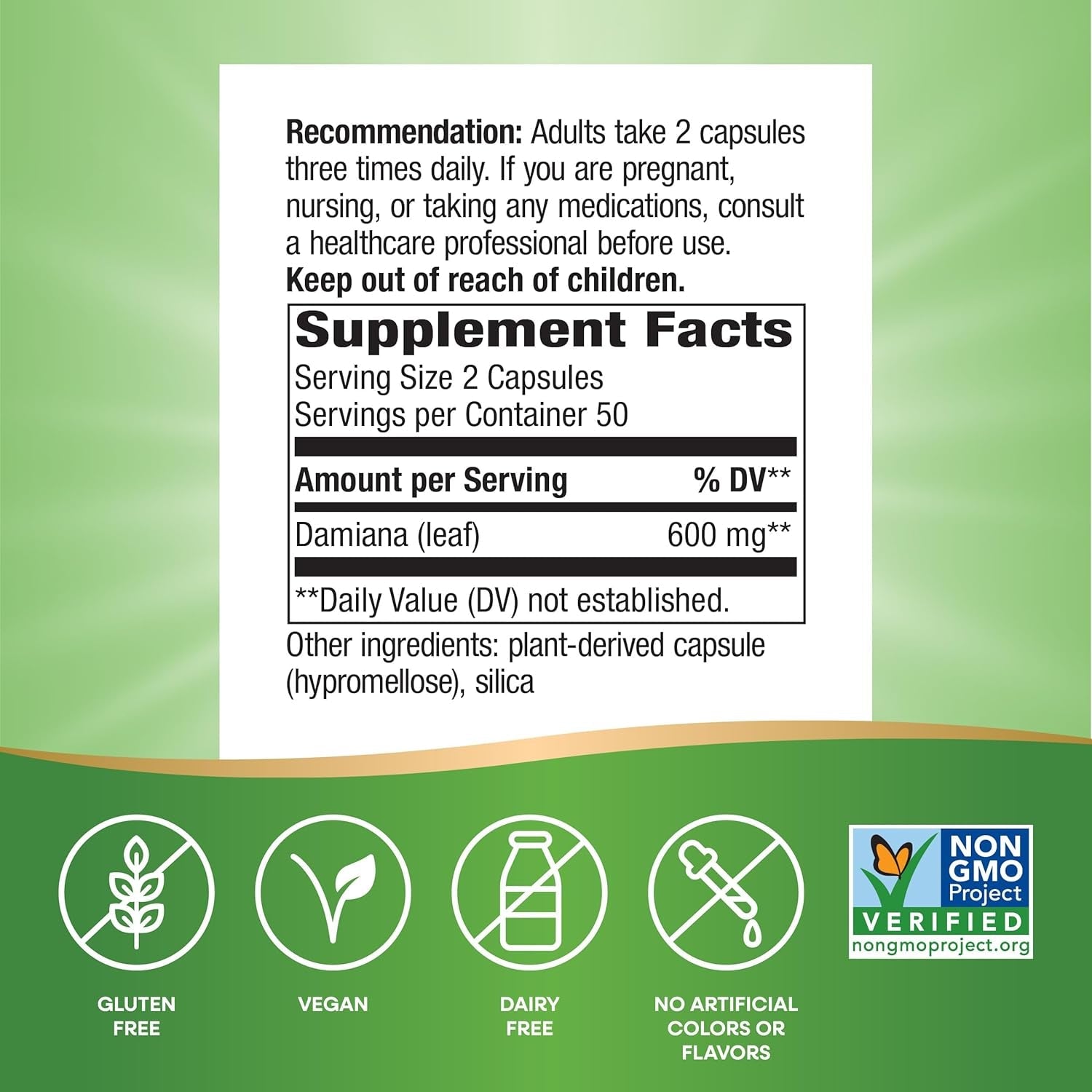 Nature'S Way Damiana Leaves, Traditional Libido Support*, Damiana Leaf Supplement, 600 Mg per 2-Capsule Serving, Non-Gmo Project Verified, Vegan, 100 Capsules (Packaging May Vary)