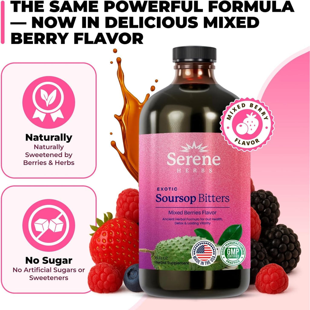 Serene Herbs Soursop Bitters Liquid with Soursop Leaves for Gut Cleanse, Detox & Immune Boost with Black Seed, Moringa, Irish Moss, Ashwaganda, Turmeric, 16 Fl Oz (16 Fl Oz (Pack of 1), Mixed Berry)