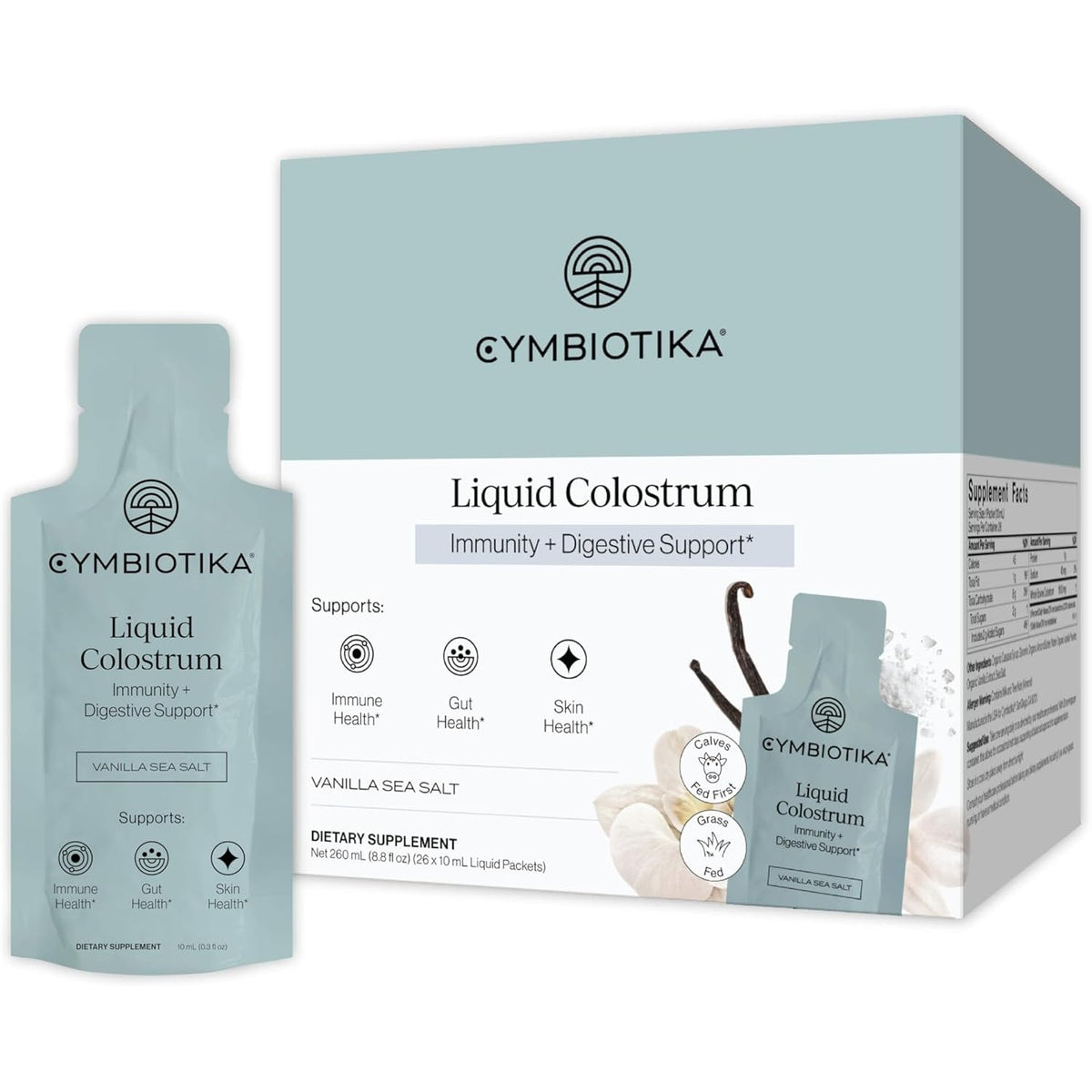 CYMBIOTIKA Liquid Colostrum, 1.5G Full Spectrum Colostrum, Grass-Fed Bovine Colostrum for Gut Health, Immune Support, Skin & Recovery, Sea Salt Vanilla Flavor, 26 Daily Packets (Single Pack)