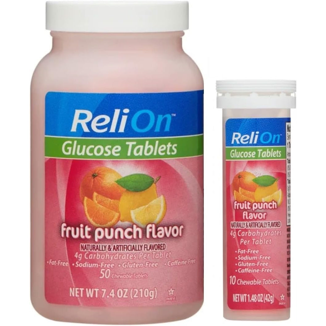 Relion Glucose, 50 Tablets with On-The-Go Tube, 10 Tablets. (Fruit Punch)