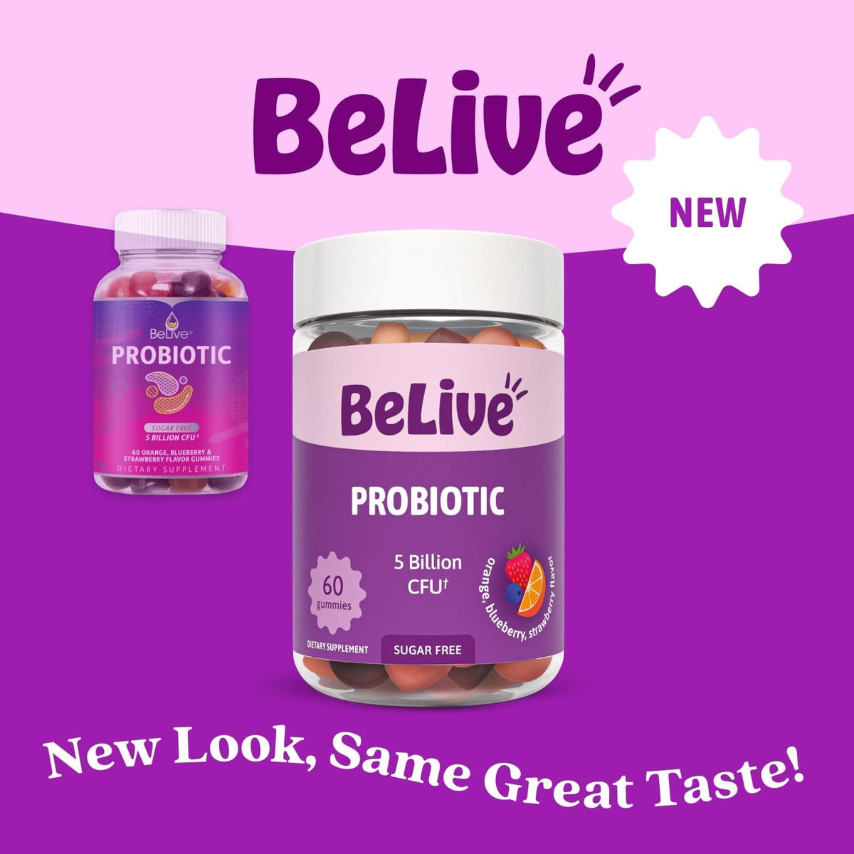 Belive Probiotic Gummies - Probiotics with 5 Billion Cfus for Digestive Health, Men, Women & Kids - for Immune Support, Sugar Free & Vegan | 60 Ct – Blueberry, Strawberry & Orange