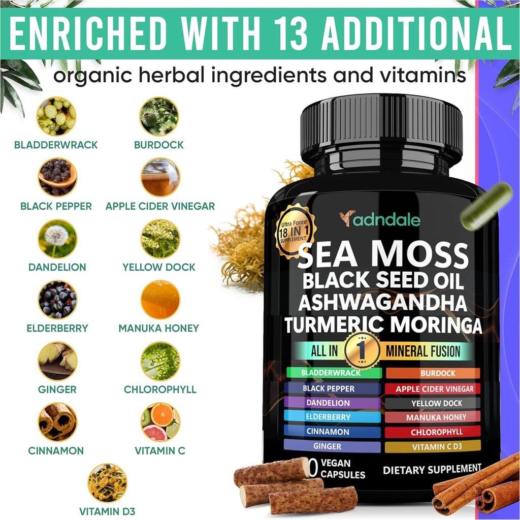 Adndale Sea Moss Capsules - Sea Moss Blend with Ashwagandha, Turmeric & Black Seed Oil - 180 Count