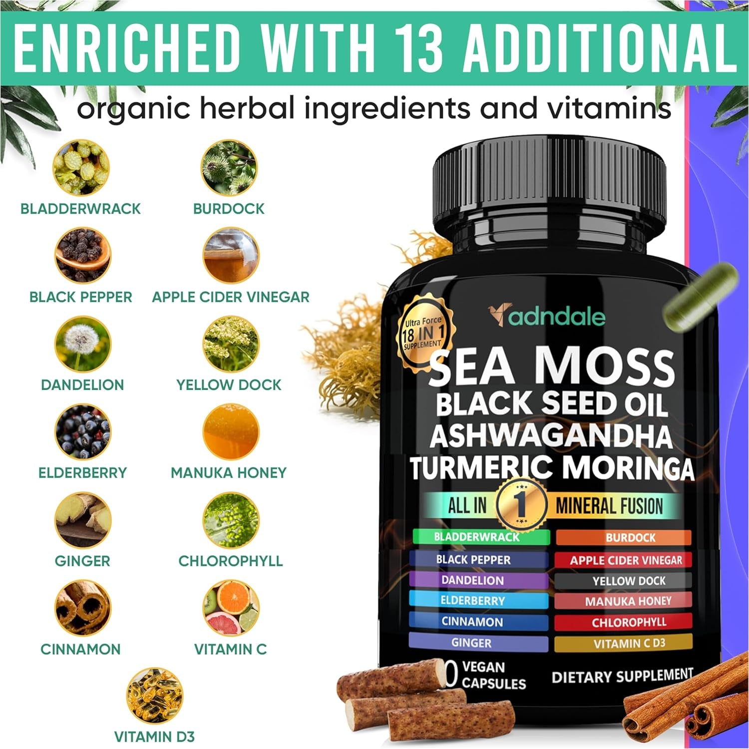 Adndale Sea Moss Capsules - Sea Moss Blend with Ashwagandha, Turmeric & Black Seed Oil - 180 Count