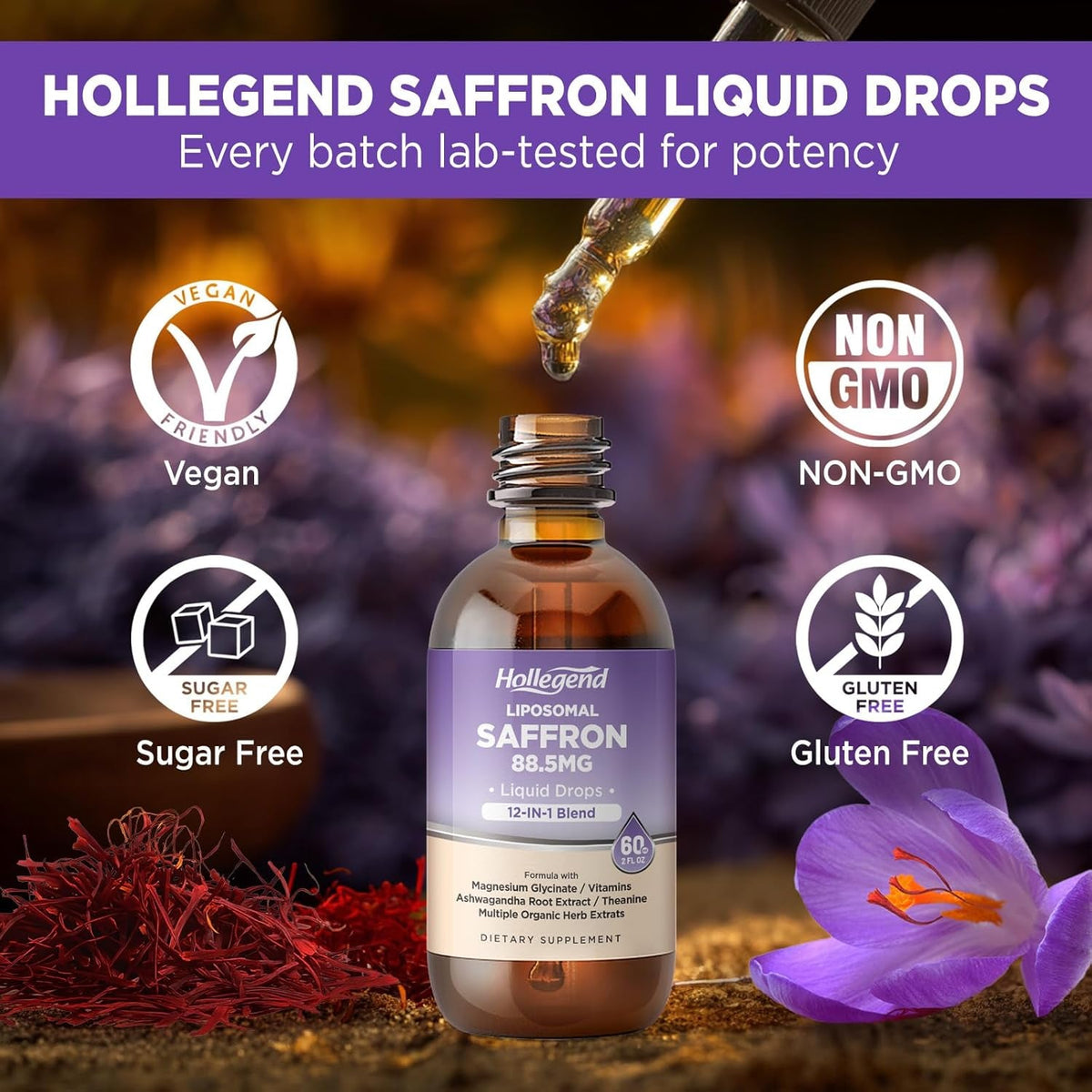 Liposomal Saffron Drops for Kids & Adults, Organic Saffron Supplement W/Magnesium, L-Theanine and Vitamins for Stress, Focus, Vision and Energy Support, Vegan, Natural Lemon Flavor, 2 FL OZ