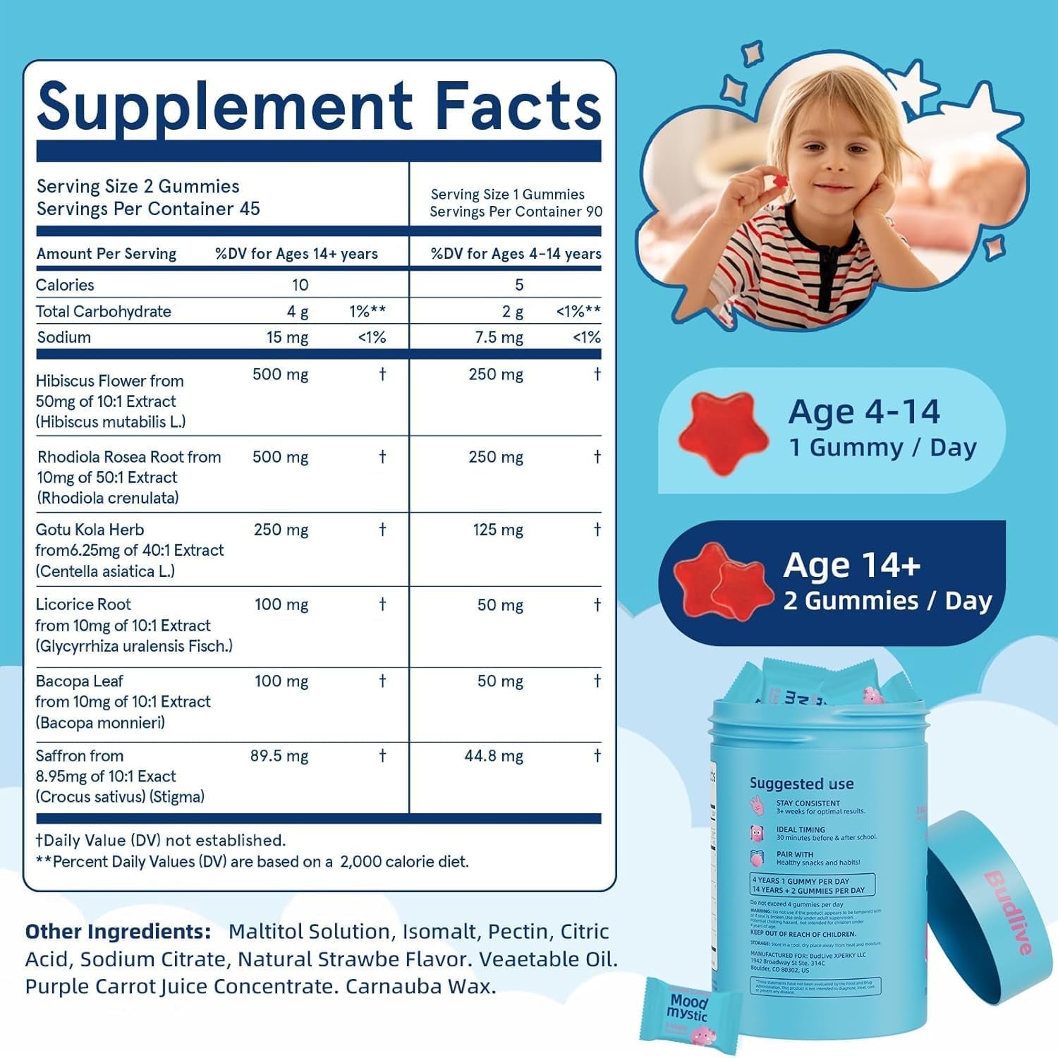 Saffron Gummies for Kids - Saffron Extract Supplements with GABA, Mood Munchies Calms Temper Tantrums, Supports Happy Mood & Cognition, Focus Calm Gummies for Kids 4+, Sugar Free Strawberry, 90 Counts