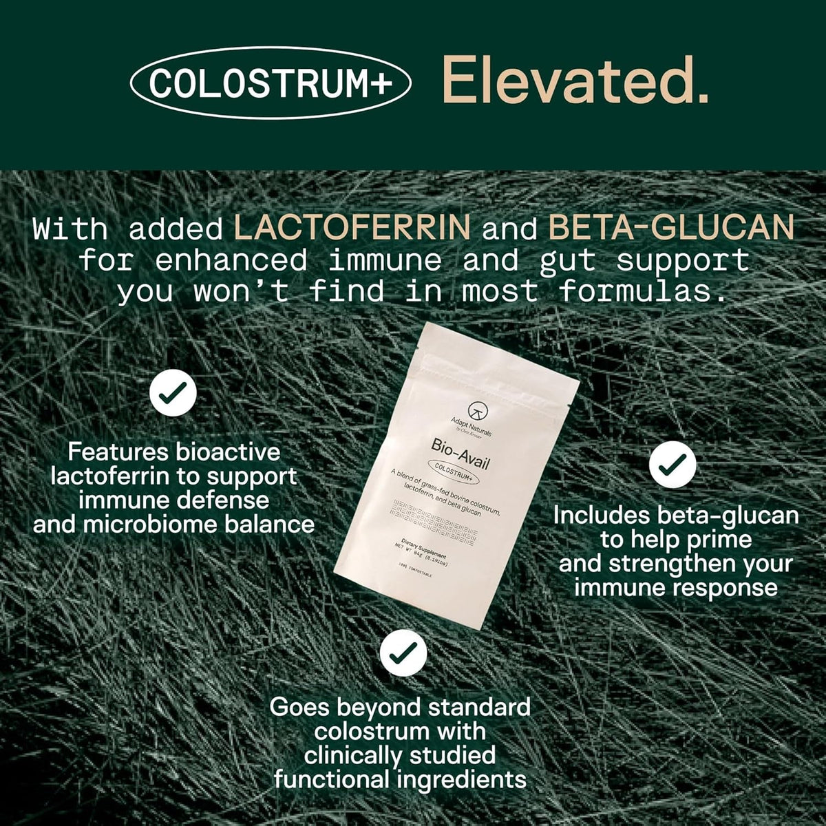 Adapt Naturals Colostrum Supplement with Lactoferrin & Beta-Glucan, Bio-Avail Grass Fed Bovine Colostrum Powder for Gut Health, Immune Support & Vitality | Non-Gmo, 2500Mg, Unflavored - 30 Days Supply