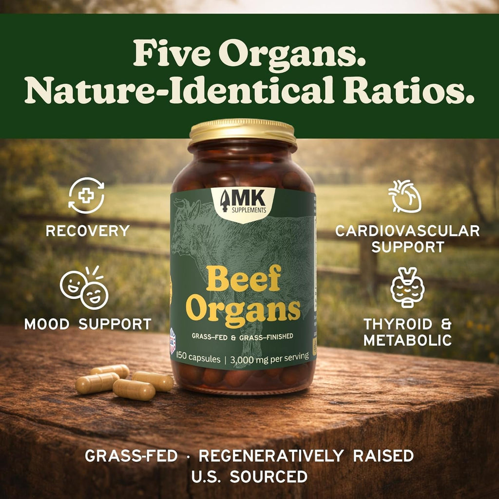 MK Supplements Grass-Fed Beef Organs Capsules | 5 Organs in Nature-Identical Ratios | B12, Copper & Heme Iron | Regeneratively Raised | 150 Capsules