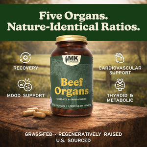 MK Supplements Grass-Fed Beef Organs Capsules | 5 Organs in Nature-Identical Ratios | B12, Copper & Heme Iron | Regeneratively Raised | 150 Capsules