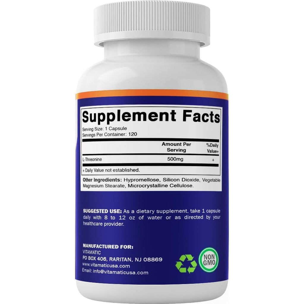 Vitamatic L-Threonine 500Mg – 120 Vegetable Capsules Promotes Healthy Liver, Cardiovascular & Structural Function