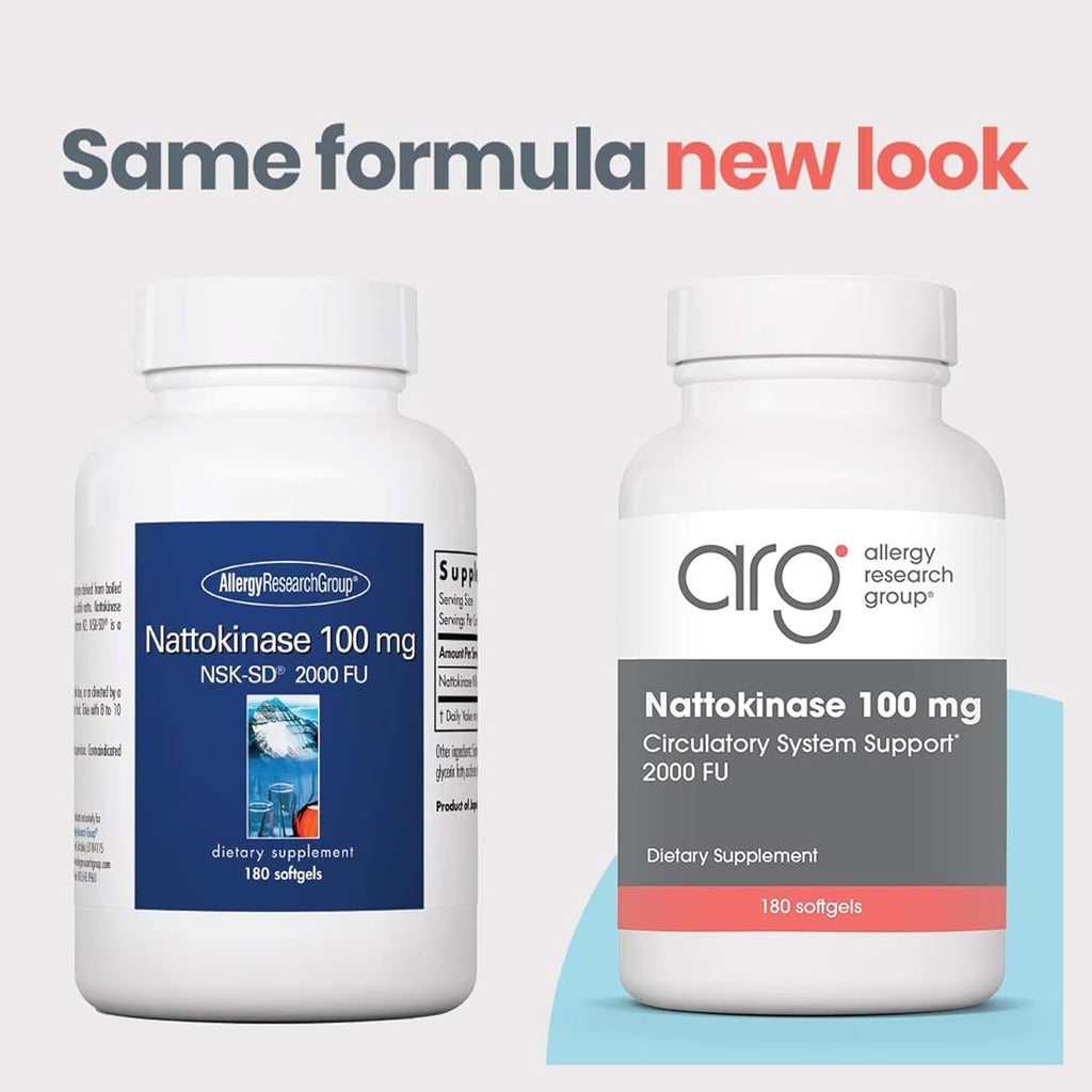 Allergy Research Group ARG Nattokinase 100 Mg - Supplement to Support Healthy Circulation - Delivers 100 Mg Nattokinase NSK-SD from Fermented Soybeans per Serving - 180 Servings - 180 Capsules