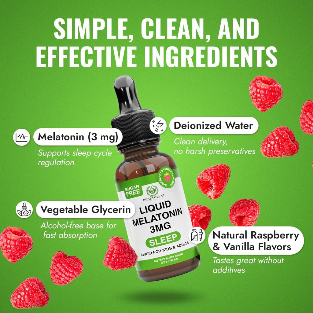 Benevolent Liquid Melatonin Drops for Adults and Kids 3Mg - Fast-Acting Sleep Drops to Fall Asleep Faster & Longer - Non-Gmo & Made in USA - Berry Vanilla Flavor, 2 Month Supply