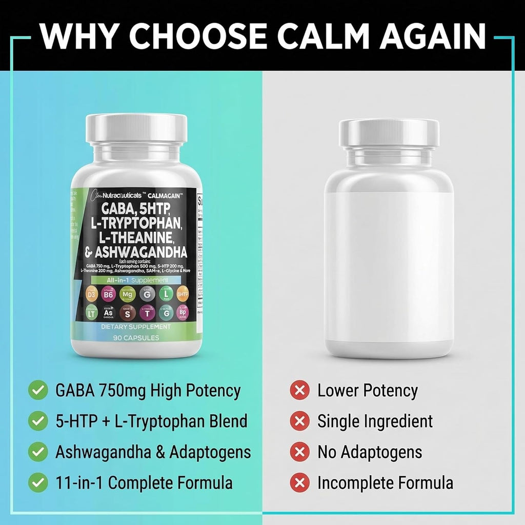 Clean Nutraceuticals GABA 750Mg 5 HTP 200Mg L Tryptophan 500Mg L Theanine 200Mg Ashwagandha Sam-E L-Glycine - Mood Support Vitamins for Women and Men with L-Tyrosine 5-HTP (5-Hydroxytryptophan)