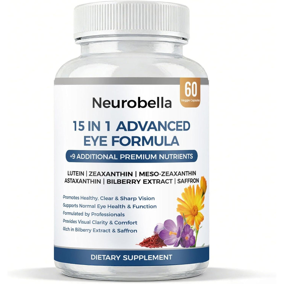 Neurobella Eye Formula, Neurobella 15 in 1 Advanced Eye Formula with All 3 Carotenoids, Lutein & Zeaxanthin, Saffron & Bilberry Extract