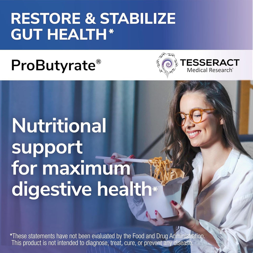 Tesseract Medical Research Probutyrate Gut Health Supplement, Butyric Acid Complex, Gastrointestinal Support Supplement, Helps Restore Balance to Stabilize Gut Microbiome, 600Mg (120 Capsules)