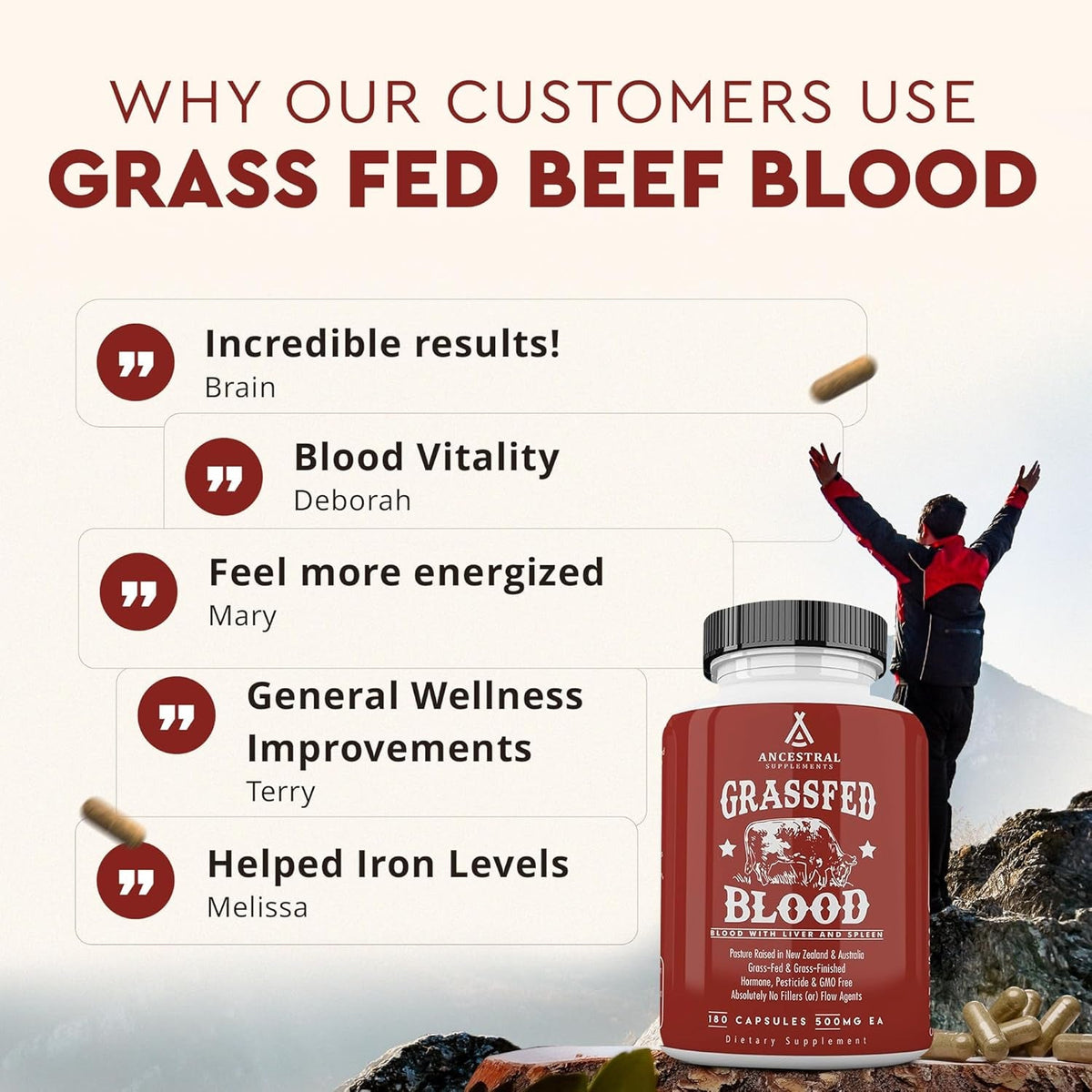 Ancestral Supplements Grass Fed Blood Is Blood, Liver & Spleen Formula, 500Mg, Grass Fed Beef Supplement, Red & White Blood Cell Formation, Immune and Heart Health Support, Non GMO, 180 Capsules