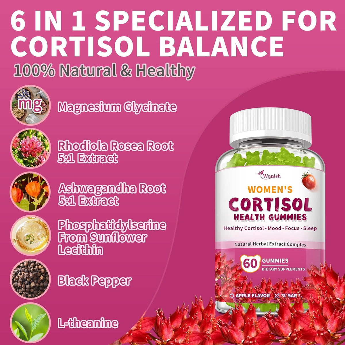 Wanish Cortisol Gummies for Women,Cortisol Supplements for Women-Relaxation and Mood,Cortisol Reducer with Ashwagandha, Rhodiola Rosea, Etc. Cortisol Manager Gummies,Vegan,Apple Flavor,60 Count